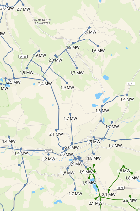 Capture du logiciel Grid Capacity, avec une visualisation des capacités d'accueil de nouvelles installations de production d'énergie renouvelable du réseau public de distribution